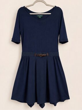 Lauren Ralph Lauren Navy Blue Belted Pleated Dress Size 14P